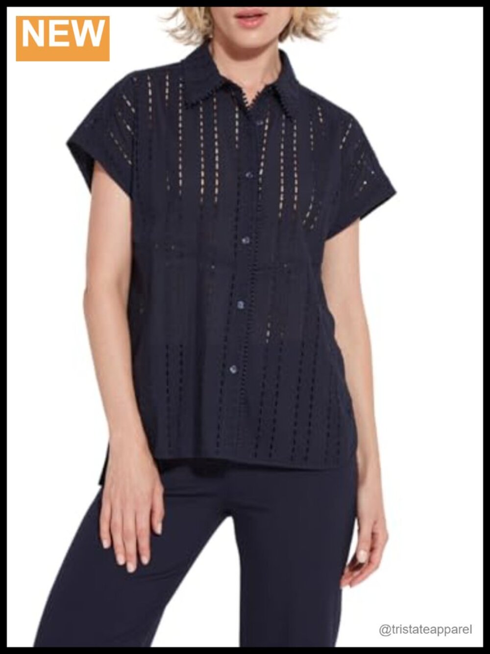 Cotton Eyelet Button Down Shirt with Short Sleeves and V-Neck